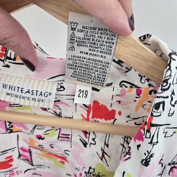 Vintage White Stag Plus White Abstract Cafe Town Button Up Shirt Size 26W/28W - Picture 9 of 12